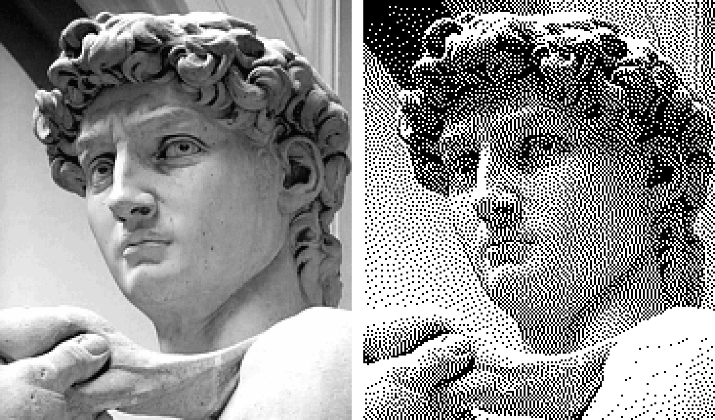 Comparison between a grayscale source image and its 1-bit Floyd–Steinberg dithered result